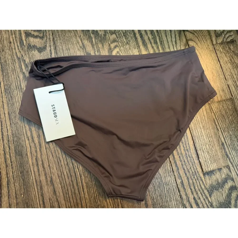 STAUD Devon High Rise Bikini Bottoms Brown Sz M NWT $95